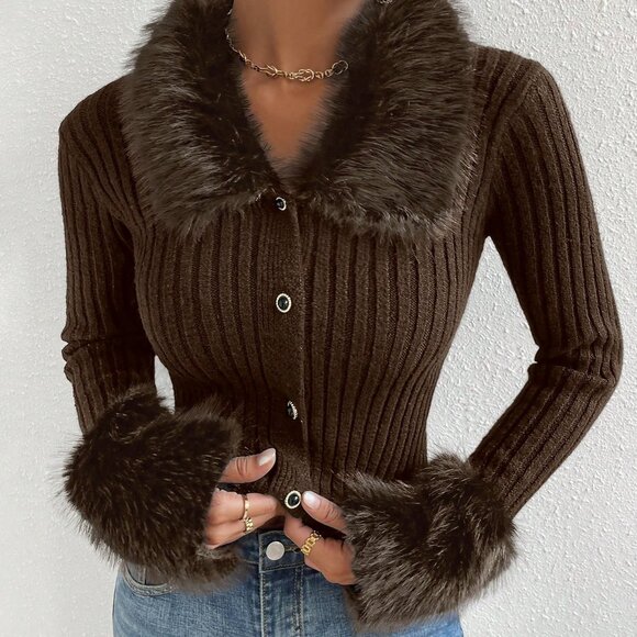 Coffee Brown Casual Women's Borg Collar Fuzzy Cuff Cardigan - Picture 2 of 8